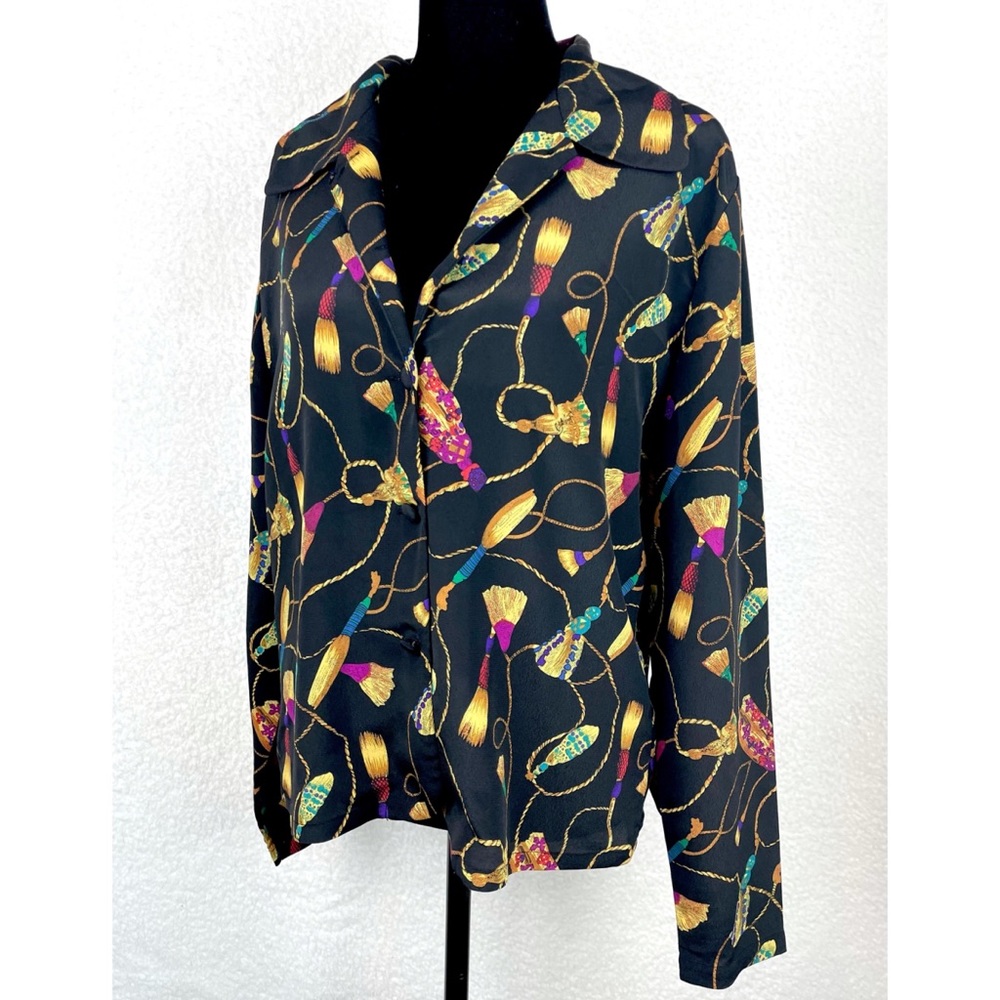 (VTG) CHRISTIE & JILL • Black Tassel Print Long Sleeve Blouse, 8 - Picture 2 of 15